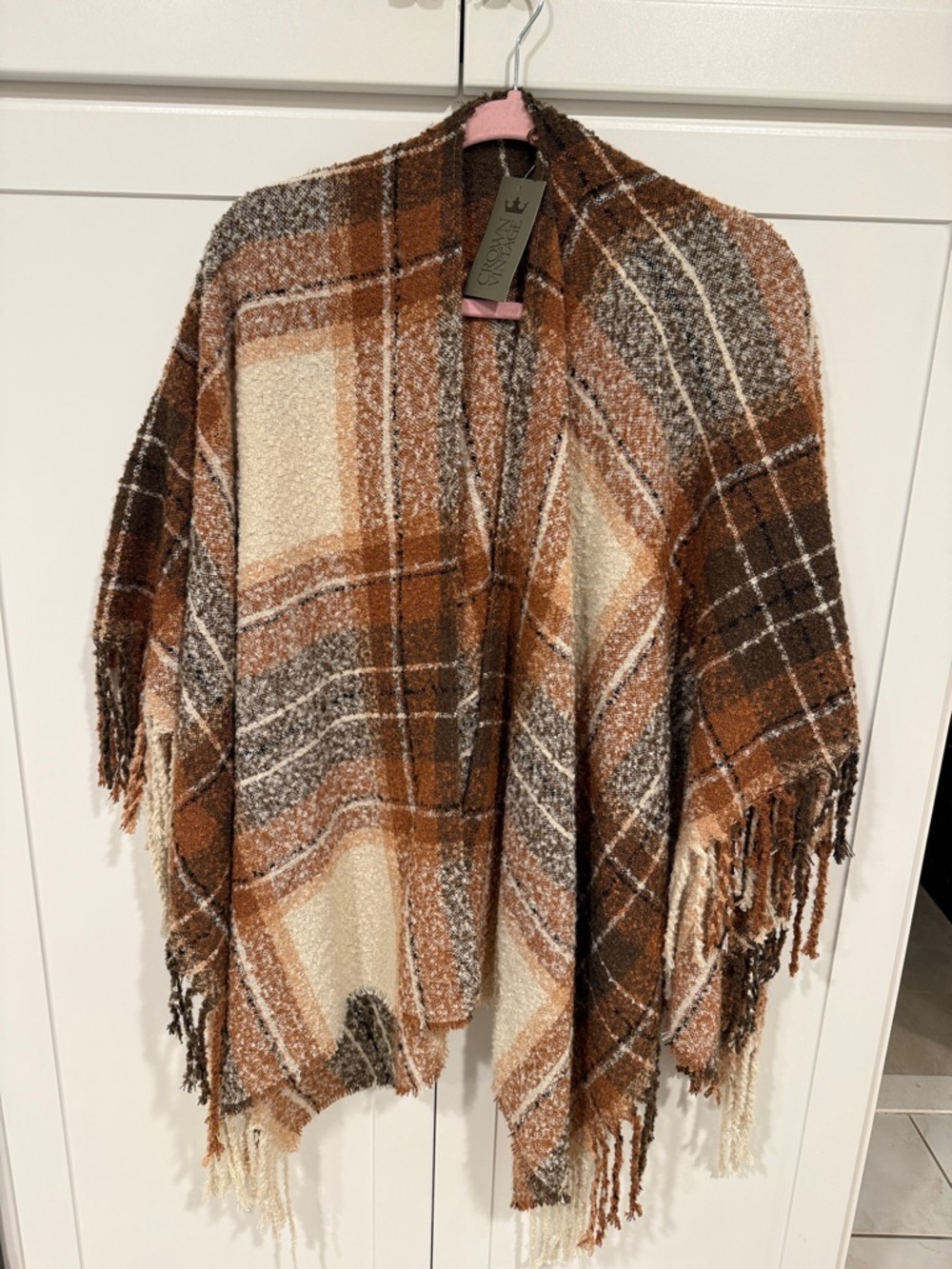Crown Vintage Plaid Fringe Wrap in Brown, Cream & Gray